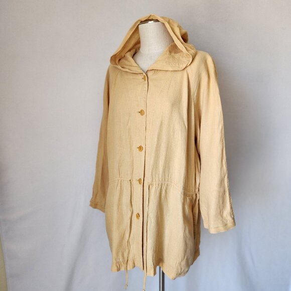 Vintage AKA Eddie Bauer Linen Hooded Jacket Button Pocket Tie-Waist Yellow - Picture 1 of 8